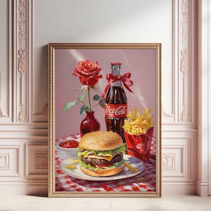 May include: A still life painting of a cheeseburger, chips, a bottle of Coca-Cola, and a red rose in a vase on a red and white checked tablecloth.