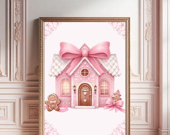 Coquette Pink Gingerbread House Print with Bows (Digital Download)