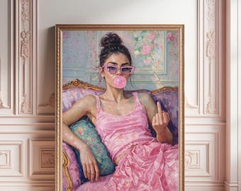May include: A framed artwork depicts a woman in pink attire blowing a bubblegum bubble, wearing pink sunglasses, and giving the middle finger. The woman is seated on a pink ornate sofa with a floral patterned pillow. The background features a floral wallpaper.