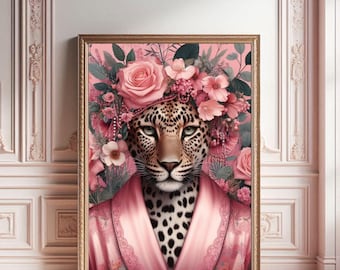 Leopard in Robe and Flowers Art Print: Funky Animal Poster (Digital Download)