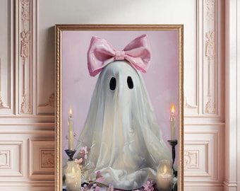 Pink Ghost with Bow & Candles | Halloween Art Print (Digital Download)