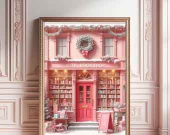 Pink Christmas Bookshop Print: City Bookstore Decor (Digital Download)