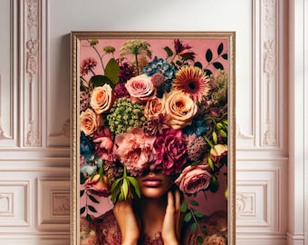 Floral Head Print: Woman with Flower Crown, Coquette Art (Digital Download)