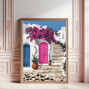 Greece Travel Print: Pink Door, Floral Wall Art (Digital Download)