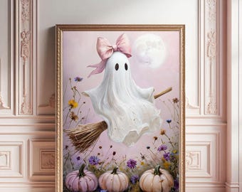 Pink Halloween Ghost Print: Broomstick Ride, Pumpkin Patch (Digital Download)