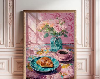 Croissant and Coffee Print: Retro Kitchen Decor (Digital Download)