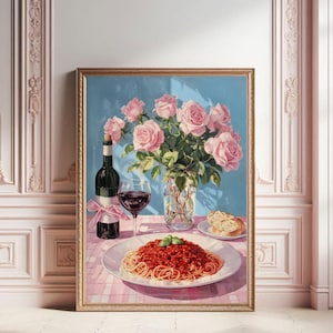 Pasta and Wine | Pasta Lover | Girl Dinner | Spaghetti  and Wine | Roses | Fun Kitchen Decor | Kitchen Decor | Printable