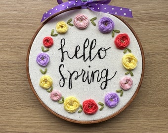 Hello Spring Hand Embroidered Hoop - Beige
