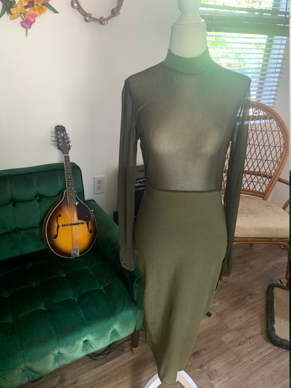 Sheer Olive Long Sleeve Color Block Dress