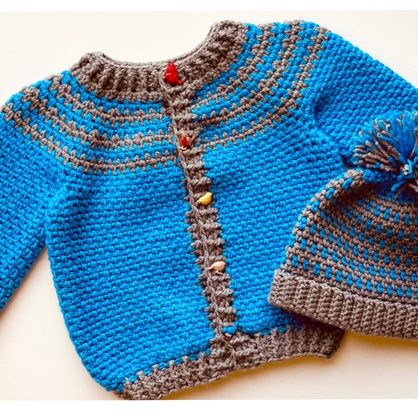 Digital PDF Crochet Pattern: Moss Stitch Crochet sweater with matching beanie hat and follow along video tutorial Crochet for Baby Pattern
