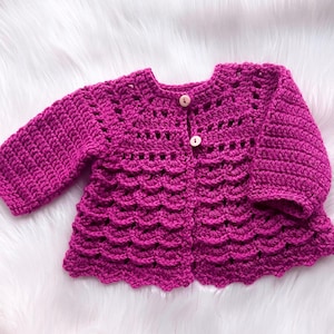 Digital PDF Crochet Pattern: Raspberry Crochet Baby Cardigan Sweater Coat or Jacket in 3D Shells Stitch Video Tutorial by Crochet for Baby