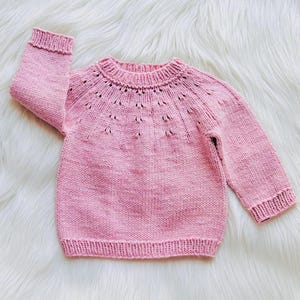 Baby Sweater Knitting Pattern, Sweet Elaria Top Down Seamless Jumper, Round Eyelet Yoke, Easy Knit Sweater Digital Pattern w/ Video Tutorial