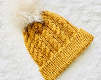 Digital PDF Knit Pattern: Easy knit cable beanie hat or cable cap pattern for adults in the round with video tutorial by Knitting for Baby