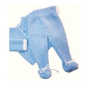 May include: A light blue crocheted baby outfit with white trim. The outfit includes a cardigan and pants with feet.