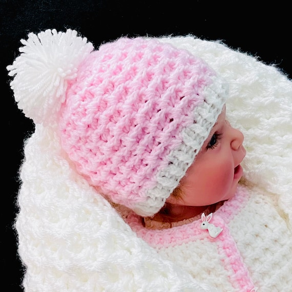 Bonnet à Pompon Pour Bébé Fille - Blanc Et Rose - Première Taille - Marque Kinder - Neuf Sans étiquettes