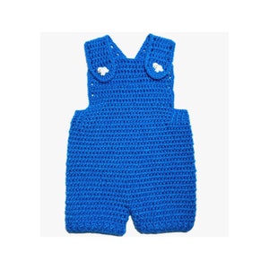 May include: A handmade, bright blue crochet baby romper. The romper features a classic overall design with shoulder straps and small white sheep appliqués. The shorts portion is visible, showcasing the intricate crochet stitch.