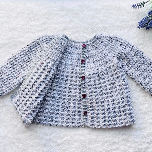 Digital PDF Crochet Pattern: Amelia crochet cardigan sweater, coat pattern with Crystal Waves Stitch and video tutorial by Crochet for Baby