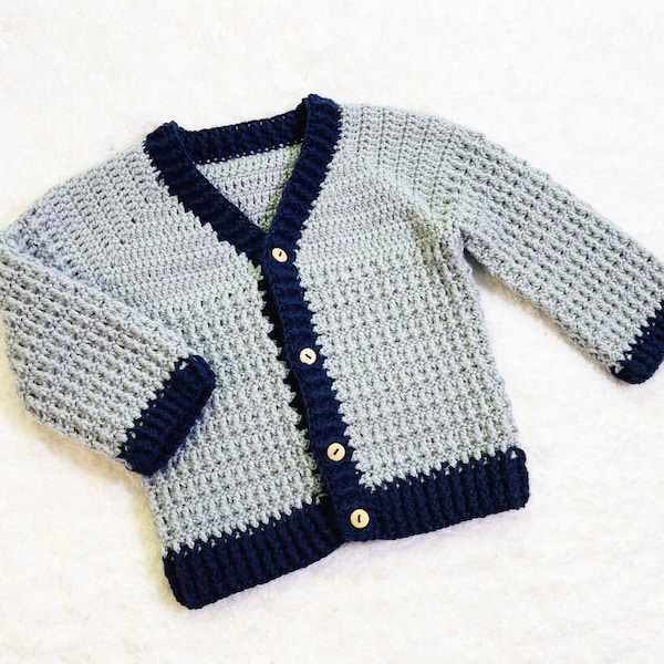 Patron de crochet PDF numérique : pull cardigan à col en V facile au crochet pour garçons et filles avec tutoriel vidéo de suivi, crochet pour bébé