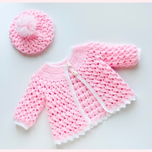 Digital PDF Crochet Pattern: Beautiful Crochet Baby Jacket, Matinee Coat with matching Hat Set 3-6M Marshmallow Cardigan Sweater and Hat