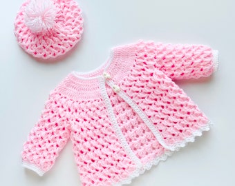 Digital PDF Crochet Pattern: Crochet baby Jacket with matching hat set 3-6M