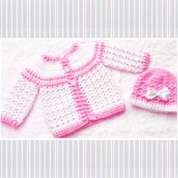 Digital PDF Crochet Pattern: Crochet Baby Cardigan Sweater or Matinee Coat and Matching Beanie Hat with Video Tutorial by Crochet for Baby