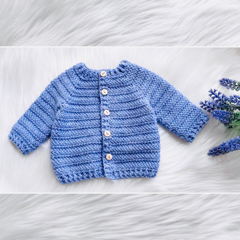 May include: A light blue crocheted baby cardigan with button closures.
