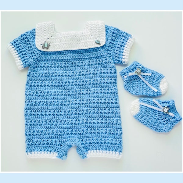 Digital PDF Crochet Pattern: Crochet baby romper with matching baby booties pattern with follow along video tutorial by Crochet for Baby