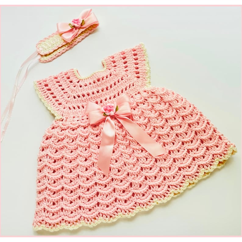 Patrón de crochet digital en PDF: Vestido o vestido de bebé a crochet con diadema a juego para niñas con video tutorial de seguimiento, Crochet para bebé imagen 2
