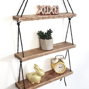 BLACK ROPE 2 3 Tier Rustic Vintage Hanging Shelf Shelves Handmade Wooden Natural Wood Floating  Oak Walnut White Grey