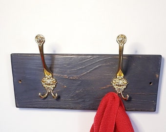 Handmade Unique Coat Hanger Hook Rail Boho Wooden Rack  Gold Hooks