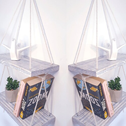 3 Tier Handmade Wall Shelves With Rope WHITE Wooden Rustic Etsy UK