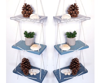 Rope Hanging Shelf, Reclaimed Wood Wall Shelf, Nautical Coastal Decor, Beach House Style