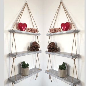 3 Tier Handmade Rustic Shelves Wooden Natural Recycled Wood Floating Hanging Rope Shelf 40cm Housewarming New Home Christmas Gift White Grey