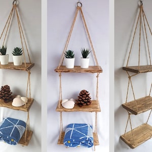 3 or 2 Tier Hanging Wooden Wall Shelves with Ropes Reclaimed Wood Nautical Boho Driftwood Coastal Bathroom Toilet Decoration Shelving Unit image 3