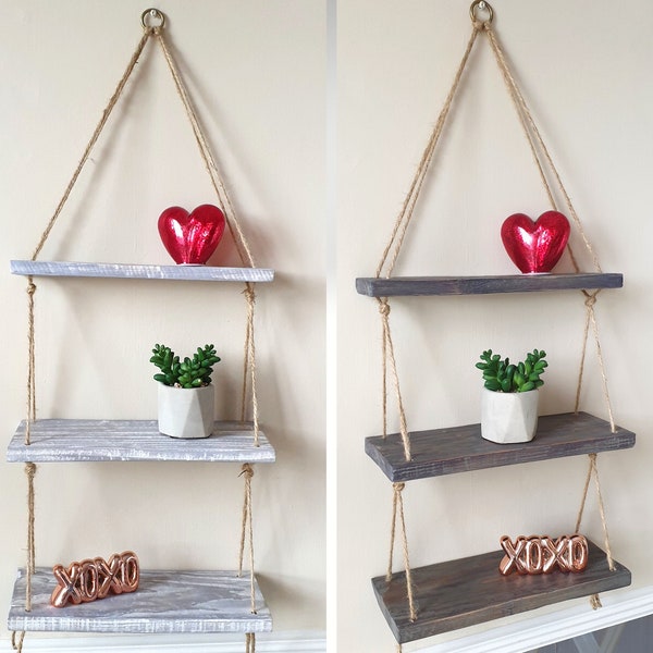 3 Tier Rustic Vintage Wall Shelves from Reclaimed Wood Floating Hanging Rope Ladder Shelf 35cm White Grey Bookshelf Shabby Chic