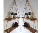 2 3 Tier Wall Shelves with Rope Natural Oak Walnut Wooden Rustic Natural Reclaimed Pallet Floating Hanging Ladder Bookshelf Coastal Boho Set