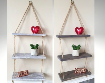 3 Tier Rustic Vintage Wall Shelves from Reclaimed Wood Floating Hanging Rope Ladder Shelf 35cm White Grey Bookshelf Shabby Chic