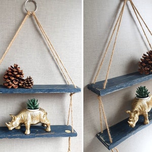 2 Tier Navy Rope Hanging Shelf: Reclaimed Wood Boho Decor