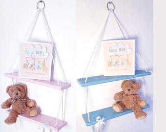 Distressed Wooden Hanging Shelf for Nursery, Shabby Chic Wall Decor, Rustic Baby Room Shelf