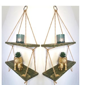 Handmade Green Reclaimed Wood 2-Tier Rope Hanging Shelf: Boho Plant Stand