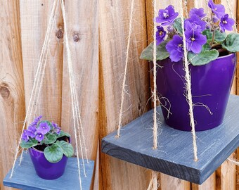 Hanging Wooden Plant Shelf Set: Grey Waxed Shabby Chic Decor