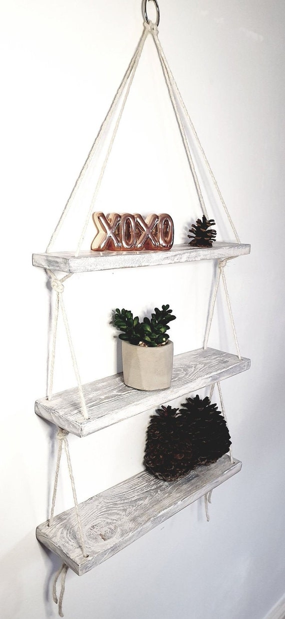 3 Tier Handmade Wall Shelves With Rope WHITE Wooden Rustic Natural Recycled  Reclaimed Wood Floating Hanging Ladder Shelf Whitewashed Vintage -   Canada