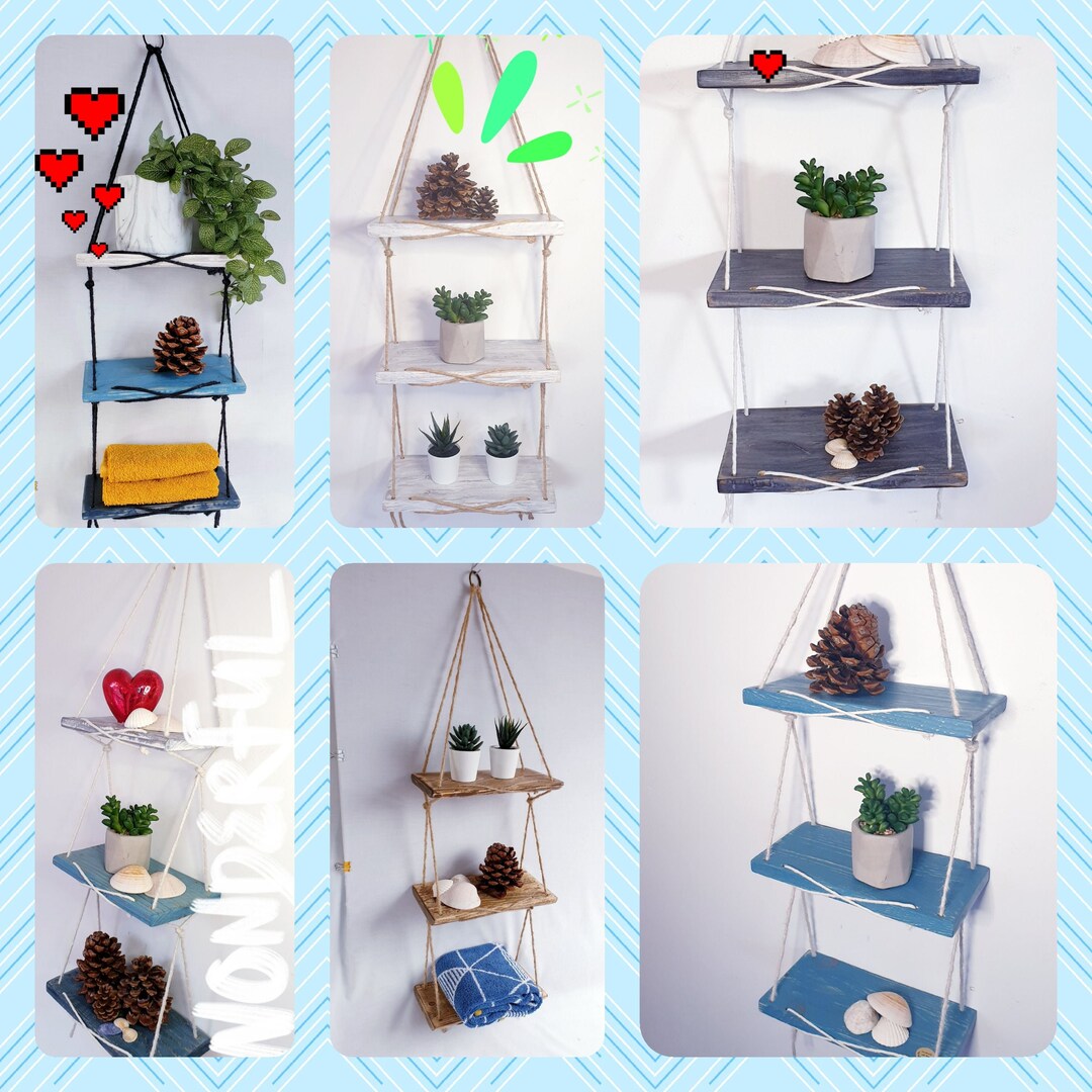 3 or 2 Tier Hanging Wooden Wall Shelves With Ropes Reclaimed Etsy