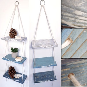 3 or 2 Tier Rope Hanging Wooden Shelves Reclaimed Wood CUSTOMISED Shelf Nautical Driftwood Coastal Bathroom Toilet Decoration