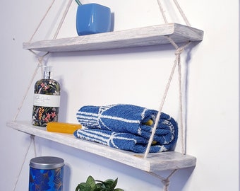 Estante colgante de cuerda de 3 niveles: decoración rústica para baño con madera recuperada