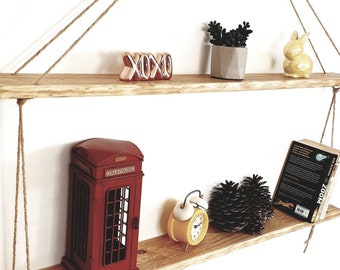 Rustic 2-Tier Hanging Rope Shelf: Reclaimed Wood, 80cm