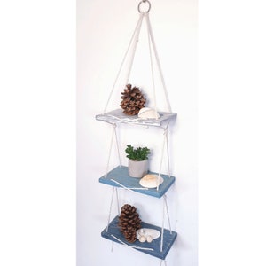 3 or 2 Tier Hanging Wooden Wall Shelves with Ropes Reclaimed Wood Nautical Boho Driftwood Coastal Bathroom Toilet Decoration Shelving Unit image 8