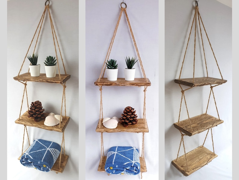 3 or 2 Tier Hanging Wooden Wall Shelves with Ropes Reclaimed Wood Nautical Boho Driftwood Coastal Bathroom Toilet Decoration Shelving Unit image 3