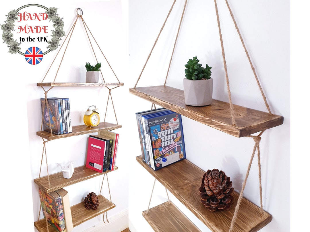 Hanging Bookshelf Book Rack Shelves Bookcase Shelf Ladder Bookshelves Floating Reclaimed Wood Recycled Pallet Furniture Shelves Ropes Long Etsy