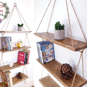 Hanging Bookshelf Book Rack Shelves Bookcase Shelf Ladder Bookshelves Floating Reclaimed Wood Recycled Pallet Furniture Shelves Ropes Long